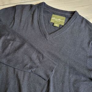 Eddie Bauer Sweater Mens Large V-Neck Cotton Cashmere‎ Knit Pullover Navy Blue